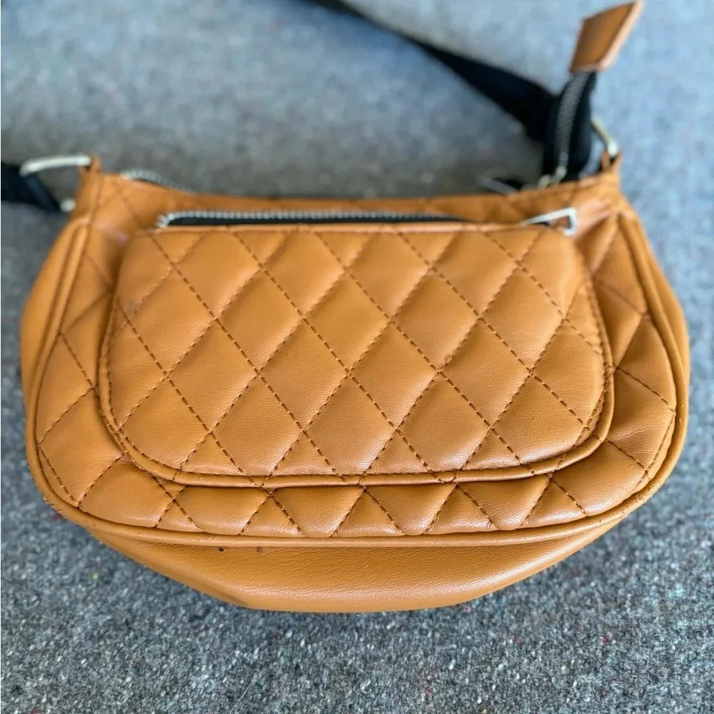 Olivia & Kate Crossbody Quilted Bag. Camel Color. Zipper‎ Top with front pocket.